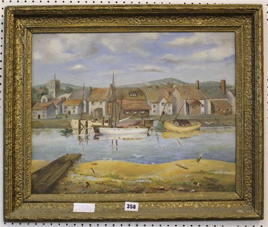 Oil on canvas of boats in harbour signed Edward R Jones 49
